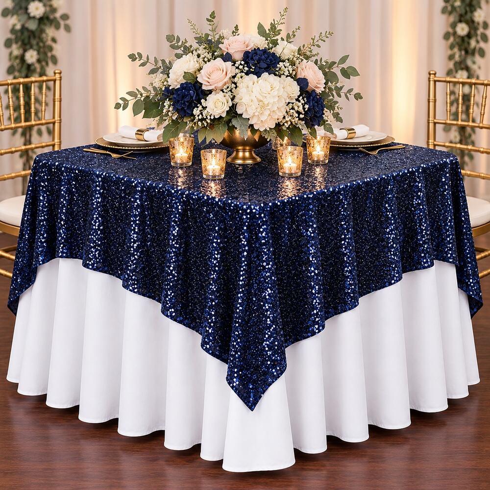 Navy Sequin Tablecloth 48x48 Square Wedding Party Event Decor Overlay